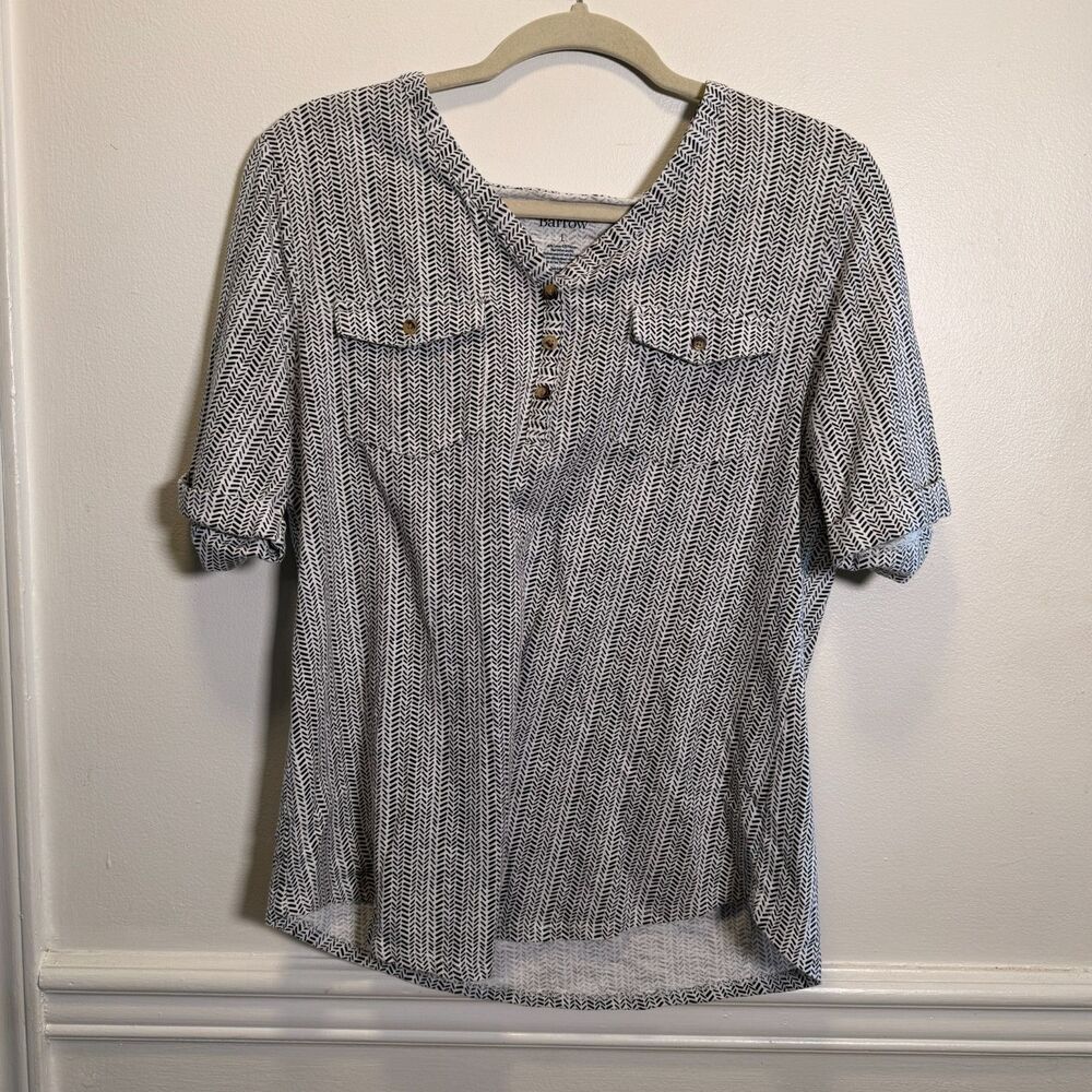 Croft & Barrow Womens L Herringbone Henley Top Roll Tab Sleeve Cotton Blend